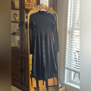 Theory Sweater Combo Dress Ribbed Knit Black Virgin Wool Blend Silk Skirt